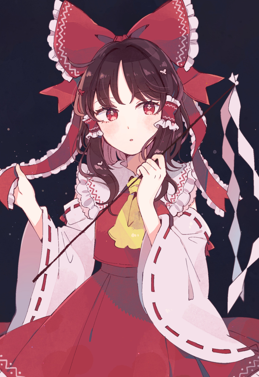 1girl ascot bangs bare_shoulders blush bow brown_hair collar collared_dress detached_sleeves dress eyebrows_visible_through_hair flower flower_in_eye gohei hair_flower hair_ornament hair_tubes hakurei_reimu hands_up highres long_sleeves looking_to_the_side mozukuzu_(manukedori) night night_sky open_mouth pink_flower red_bow red_dress red_eyes short_hair sky solo star_(sky) starry_sky symbol_in_eye touhou wide_sleeves yellow_neckwear