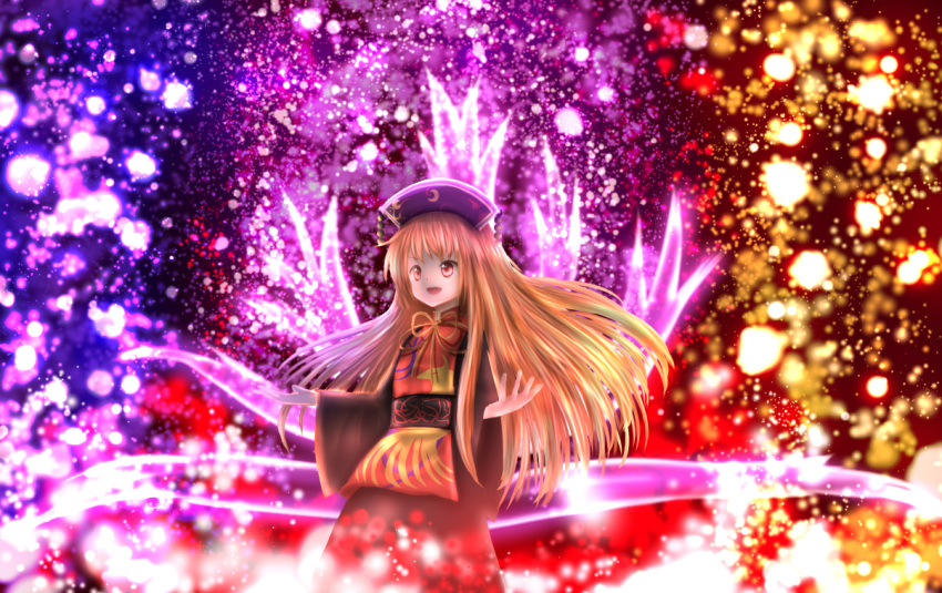 1girl bangs belt black_belt black_dress black_headwear bow bowtie chinese_clothes crescent danmaku dress energy eyebrows_visible_through_hair hands_up hat junko_(touhou) legacy_of_lunatic_kingdom light long_hair long_sleeves looking_to_the_side niwaniwatori open_mouth orange_hair phoenix_crown pom_pom_(clothes) red_eyes red_vest shadow smile solo spell_card standing tabard touhou vest wide_sleeves yellow_bow yellow_neckwear