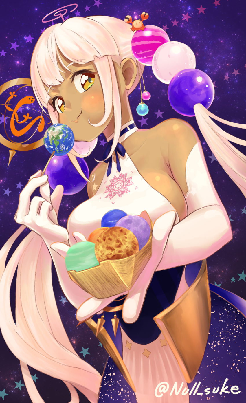 1girl absurdres breasts dark-skinned_female dark_skin earth_(planet) eating elbow_gloves food gloves highres hololive hololive_english large_breasts long_hair null_suke planet space takoyaki tsukumo_sana twintails twitter_username virtual_youtuber