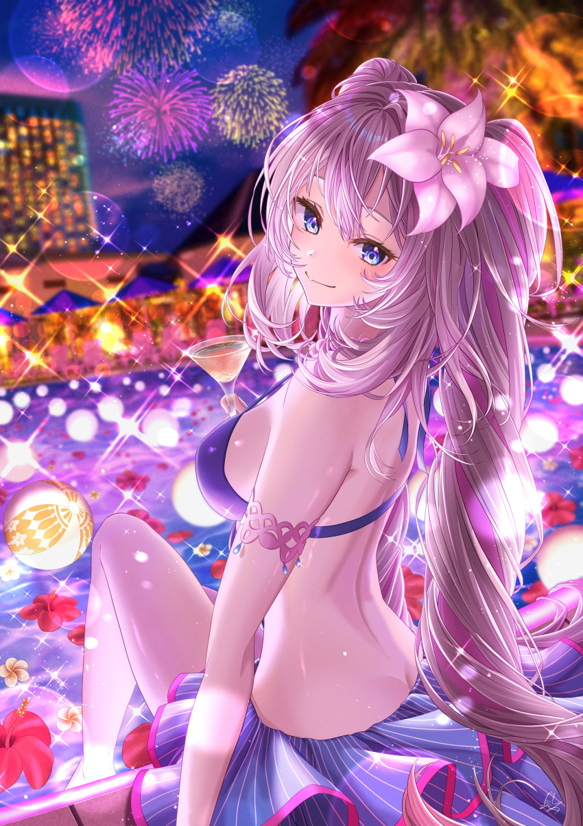 1girl absurdres bangs bare_shoulders bikini blue_bikini blue_eyes blush breasts cocktail_glass cup drinking_glass fate/grand_order fate_(series) fireworks flower hair_flower hair_ornament highres huge_filesize long_hair looking_at_viewer looking_back marie_antoinette_(fate) marie_antoinette_(swimsuit_caster)_(fate) medium_breasts night night_sky pool sarong sidelocks silver_hair sitting sky smile sparkle swimsuit thighs totomiya twintails very_long_hair