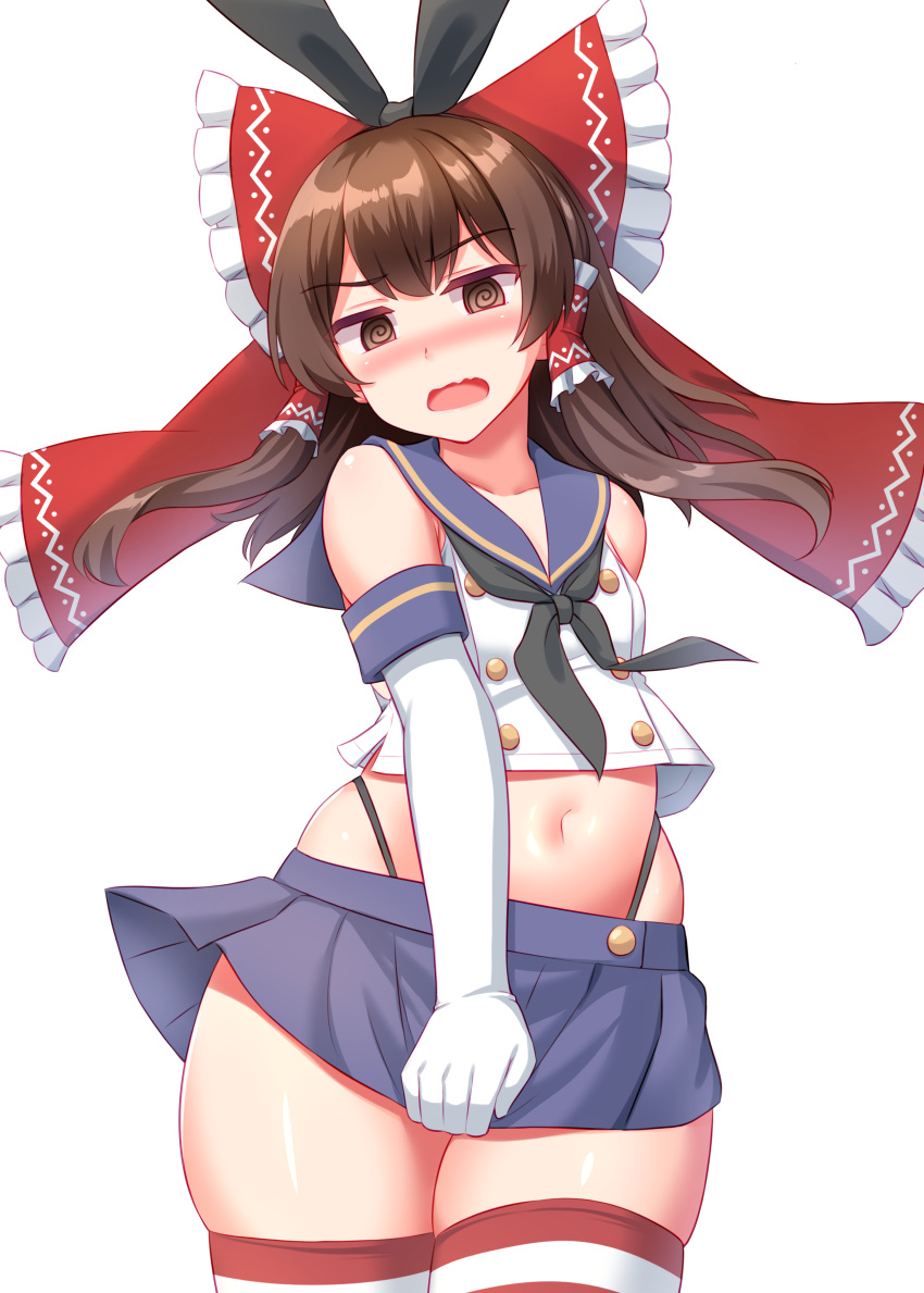 1girl @_@ absurdres black_hairband blue_skirt bow brown_eyes brown_hair cosplay elbow_gloves eyebrows_visible_through_hair gloves hair_bow hair_tubes hairband hakurei_reimu highres kantai_collection looking_at_viewer medium_hair navel open_mouth red_bow shimakaze_(kancolle) shimakaze_(kancolle)_(cosplay) simple_background skirt striped striped_legwear thigh-highs tokyo_yamane touhou white_background white_gloves zettai_ryouiki