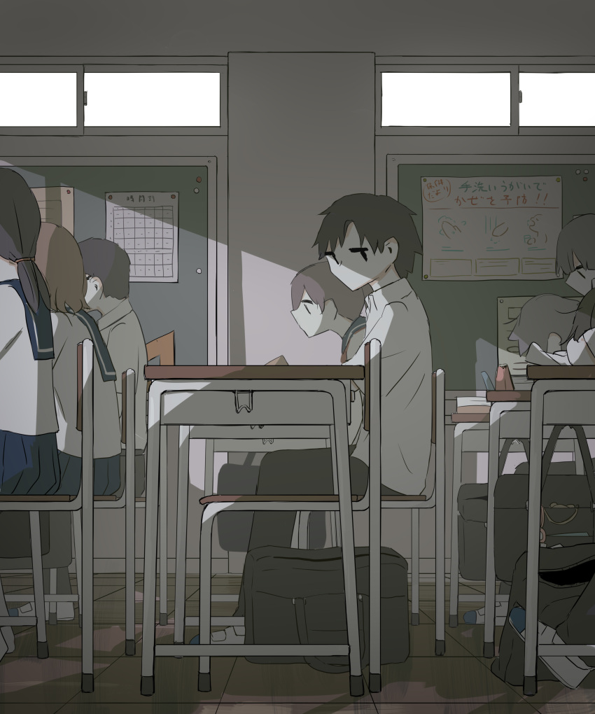 1boy absurdres avogado6 bag black_eyes black_pants chair classroom collared_shirt commentary_request desk from_side highres indoors jitome male_focus original pants profile school_chair school_desk school_uniform serafuku shirt shoes solo_focus white_footwear white_shirt wing_collar