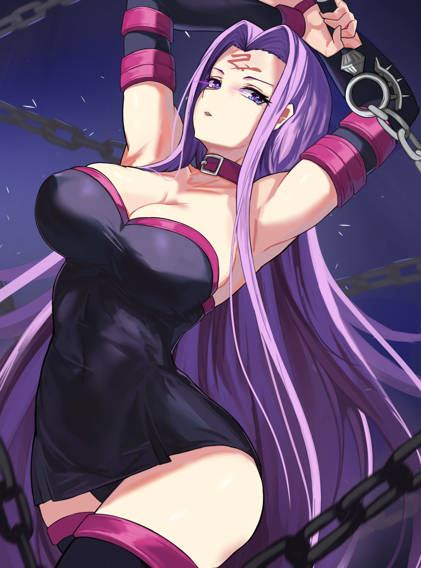 1girl absurdres black_dress black_sleeves boots breasts collar covered_nipples detached_sleeves dress facial_mark fate/grand_order fate_(series) forehead_mark highres large_breasts long_hair long_sleeves looking_at_viewer loooyd medusa_(fate) medusa_(rider)_(fate) nameless_dagger_(fate) purple_background purple_collar purple_hair short_dress strapless strapless_dress thigh-highs thigh_boots very_long_hair violet_eyes zettai_ryouiki