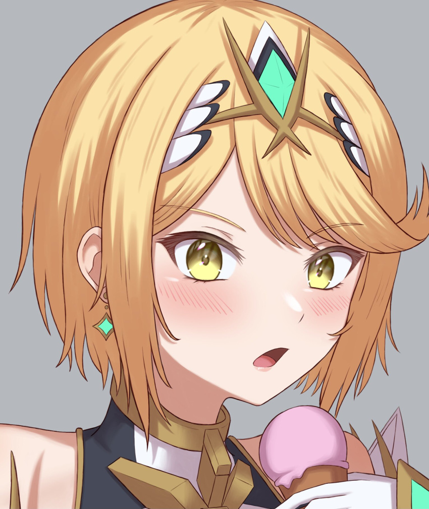 1girl alternate_hairstyle blonde_hair earrings food headpiece highres ice_cream jewelry mythra_(xenoblade) short_hair solo taro_(pixiv34317323) tiara xenoblade_chronicles_(series) xenoblade_chronicles_2 yellow_eyes