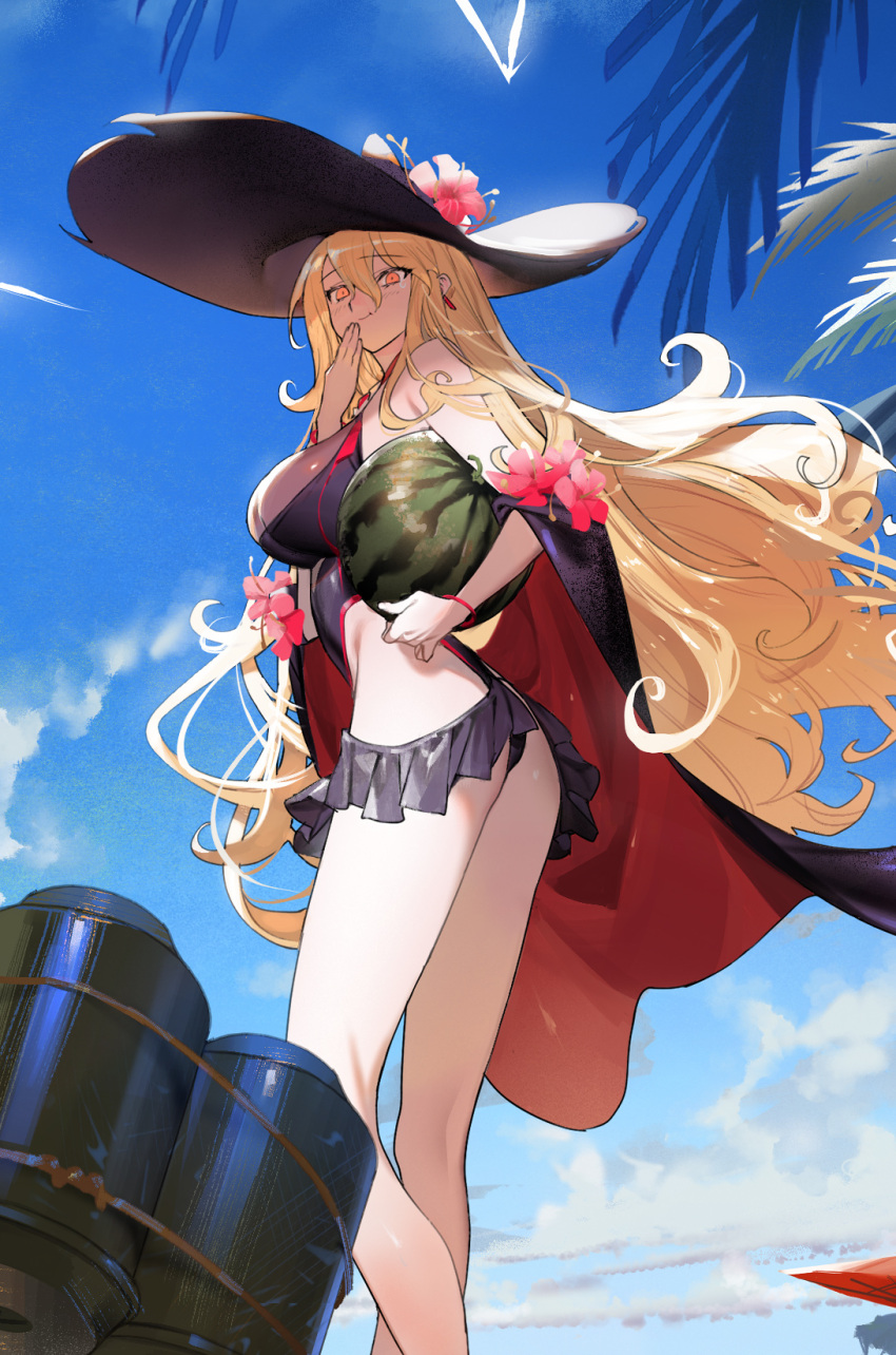 1girl alchemy_stars bare_shoulders blonde_hair blue_sky breasts closed_mouth competition_swimsuit day food frills fruit genevieve_(alchemy_stars) hair_between_eyes hat highres large_breasts long_hair official_art one-piece_swimsuit orange_eyes outdoors ryota-h sky smile solo sun_hat swimsuit thighs very_long_hair watermelon wavy_hair