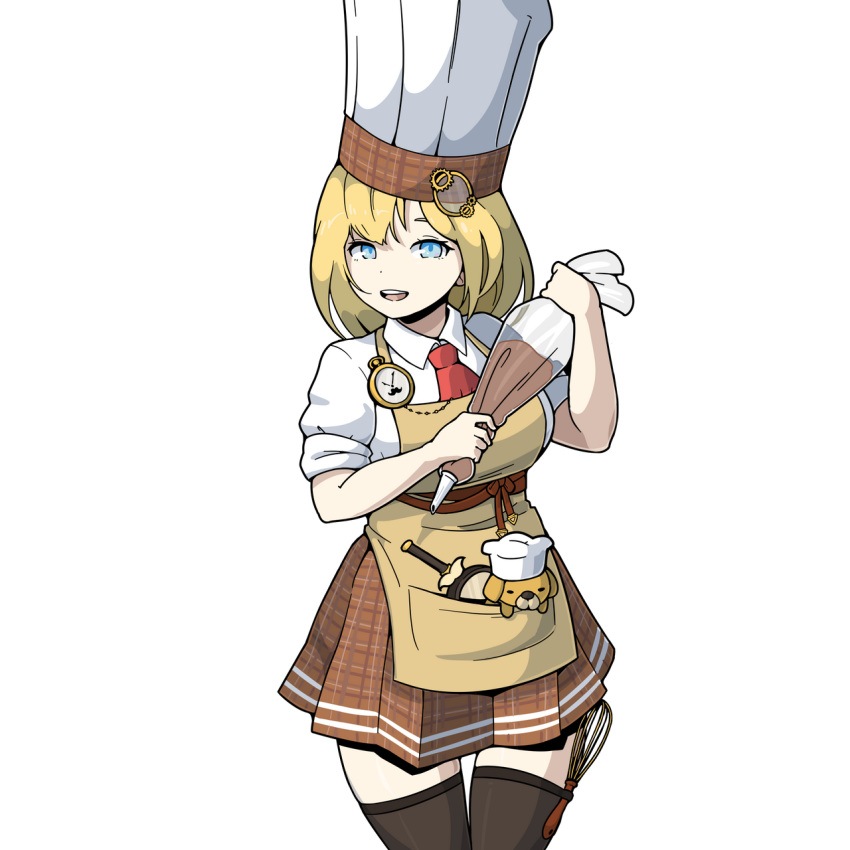 1girl :d apron bangs black_legwear blonde_hair blue_eyes brown_skirt bubba_(watson_amelia) chef chef_hat detective dog hair_between_eyes hair_ornament hat highres holding hololive hololive_english looking_at_viewer magnifying_glass monocle_hair_ornament morningpanda necktie open_mouth pastry_bag pocket_watch polo_shirt red_neckwear shirt short_hair skirt sleeves_rolled_up smile solo teeth thigh-highs watch watson_amelia white_shirt