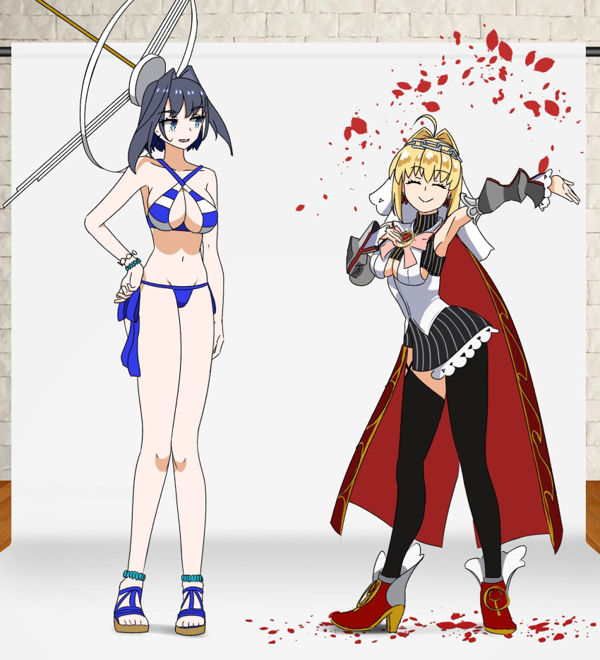 2girls ahoge bikini black_hair blonde_hair blue_hair bow bow_earrings braid clothing_cutout cosplay costume_switch creator_connection criss-cross_halter crossover earrings fate/grand_order fate_(series) french_braid hair_intakes halterneck head_chain highres hololive hololive_english jewelry multiple_girls nero_claudius_(fate) nero_claudius_(fate/extra) nero_claudius_(swimsuit_caster)_(fate) nero_claudius_(swimsuit_caster)_(fate)_(cosplay) ouro_kronii ouro_kronii_(cosplay) side-tie_bikini sling_bikini_top striped striped_bikini swimsuit twintails type_x underboob_cutout virtual_youtuber