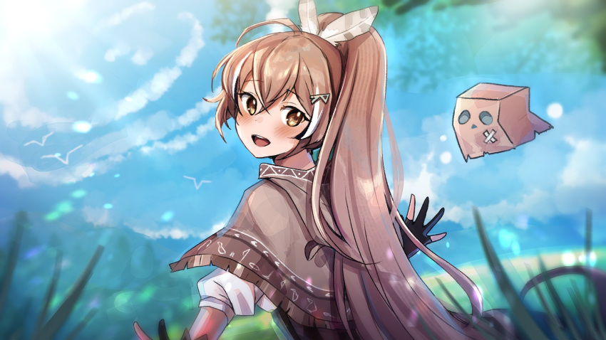 1girl bag blurry blurry_foreground brown_cloak brown_eyes brown_hair cloak feather_hair_ornament feathers friend_(nanashi_mumei) gloves hair_ornament hairclip hieroglyphics highres hololive hololive_english hood hooded_cloak long_hair maru_ccy multicolored_hair nanashi_mumei open_mouth paper_bag partially_fingerless_gloves ponytail shirt streaked_hair very_long_hair virtual_youtuber white_shirt