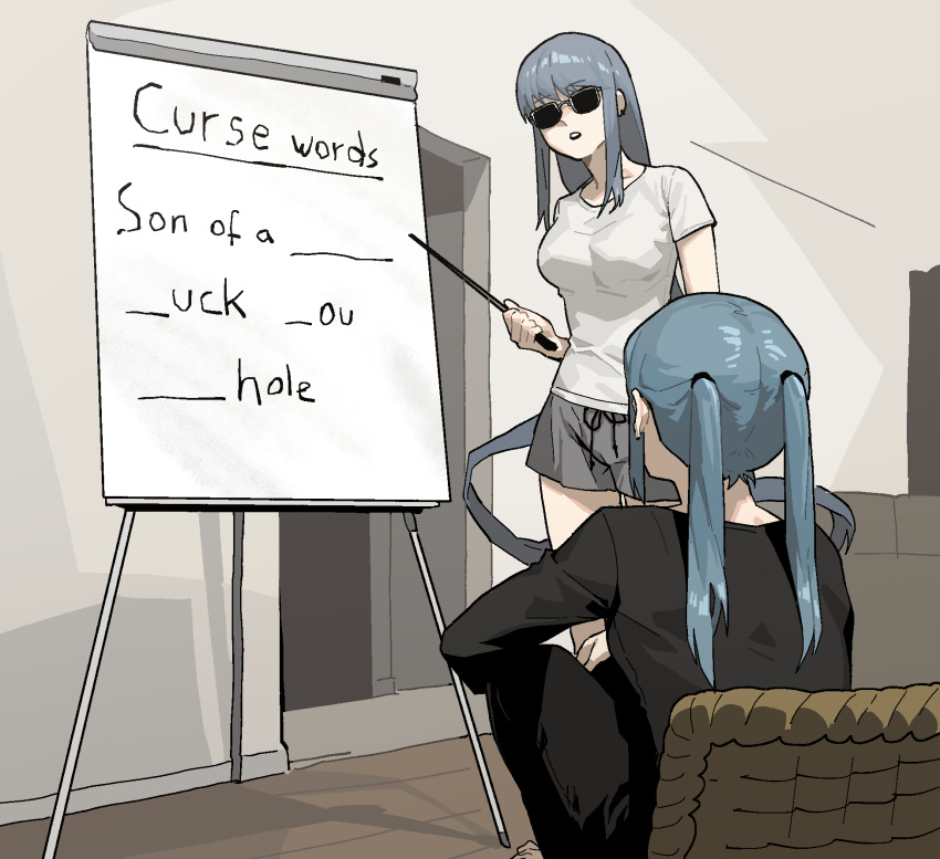 2girls black_pants black_shirt blue_hair breasts commentary covered_eyes english_commentary facing_away gogalking grey_hair grey_shorts highres holding holding_stick long_hair medium_breasts multiple_girls ofelia_(gogalking) original pants parted_lips portia_(gogalking) profanity shirt short_shorts short_sleeves shorts signature squatting stick sunglasses teaching twintails very_long_hair white_shirt