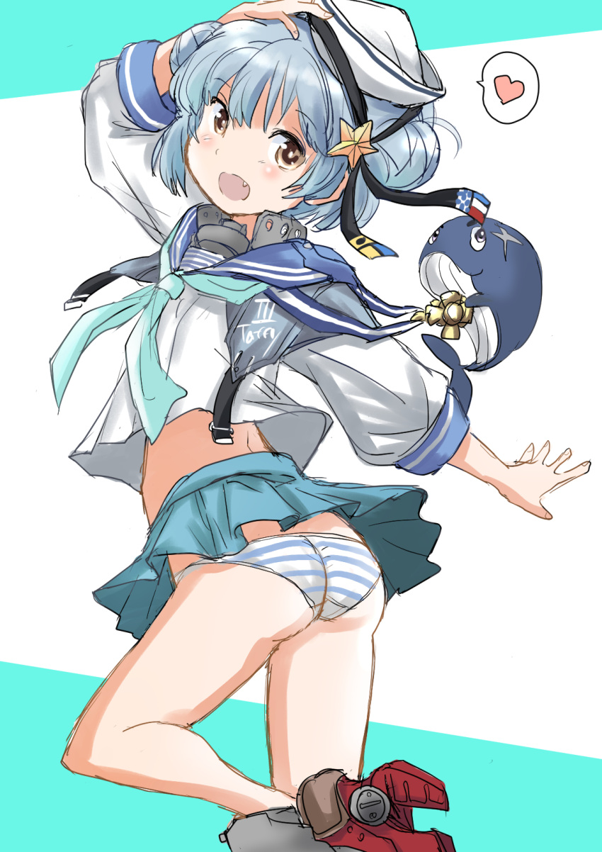 1girl aqua_neckwear ass black_ribbon blue_hair blue_sailor_collar blue_skirt commentary_request dixie_cup_hat double_bun from_behind fuji_(pixiv24804665) hat hat_ribbon heart highres holding holding_clothes holding_hat kantai_collection little_blue_whale_(kancolle) long_sleeves looking_at_viewer looking_back military_hat miniskirt navy_cross neckerchief panties pleated_skirt ribbon rudder_footwear sailor_collar samuel_b._roberts_(kancolle) school_uniform serafuku shirt short_hair skirt sleeve_cuffs spoken_heart standing standing_on_one_leg striped striped_panties underwear whale white_headwear white_shirt yellow_eyes