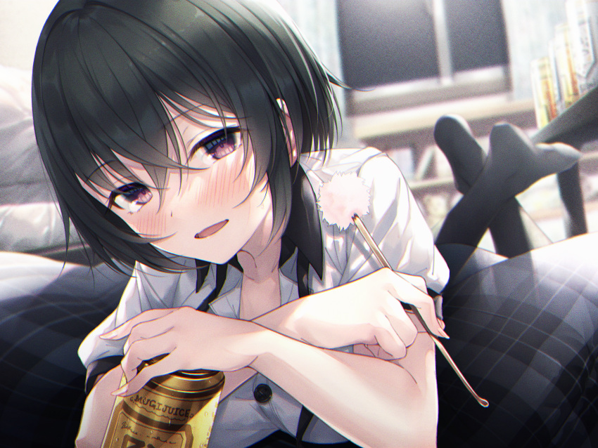 1girl :d bangs beer_can black_hair black_legwear blue_eyes blush breasts buttons can collared_shirt cotton_swab eyebrows_visible_through_hair hasumi_(hasubatake39) highres holding holding_can huge_filesize indoors looking_at_viewer lying medium_breasts on_stomach open_mouth original pillow shirt short_hair short_sleeves smile solo violet_eyes
