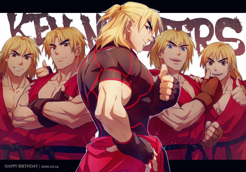 1boy age_progression black_shirt blonde_hair crossed_arms dougi forked_eyebrows headband ken_masters looking_at_viewer male_cleavage male_focus mature_male medium_hair muscular muscular_male older pectorals red_shirt shirt short_hair sleeveless sleeveless_shirt street_fighter taut_clothes taut_shirt thick_eyebrows thumbs_up torn_clothes torn_shirt yuiofire