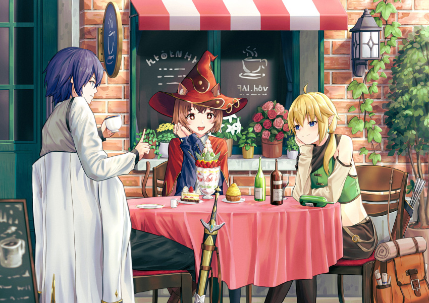 +_+ 1boy 2girls :d ahoge animal_ears arm_support arrow_(projectile) backpack bag bangs black_eyes black_hair blonde_hair blue_eyes brick_wall brown_eyes brown_hair cat_ears chair coat commentary_request cup detached_sleeves ebiri_fy eyebrows_visible_through_hair hair_between_eyes hands_together hat head_rest highres holding holding_cup index_finger_raised long_hair long_sleeves low_ponytail midriff multiple_girls open_mouth original parfait pointy_ears scroll short_hair sidelocks sitting smile sparkling_eyes sword symbol-shaped_pupils table teacup terrace weapon white_coat witch_hat