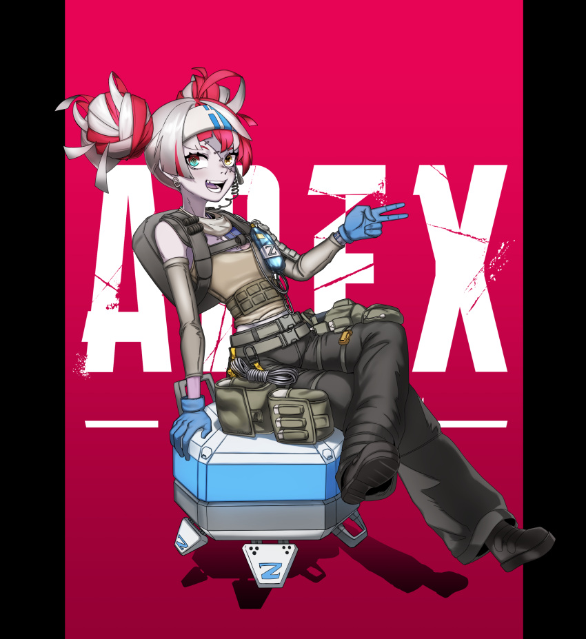 1girl absurdres apex_legends artpatient backpack bag bangs beige_tank_top black_pants blue_gloves colored_skin cosplay crossed_legs d.o.c._health_drone detached_sleeves gloves green_belt green_eyes grey_hair grey_skin headband heterochromia highres hololive hololive_indonesia kureiji_ollie lifeline_(apex_legends) lifeline_(apex_legends)_(cosplay) logo looking_to_the_side multicolored_hair open_mouth pants redhead sitting smile solo stitched_face two-tone_hair v virtual_youtuber white_headband yellow_eyes zombie