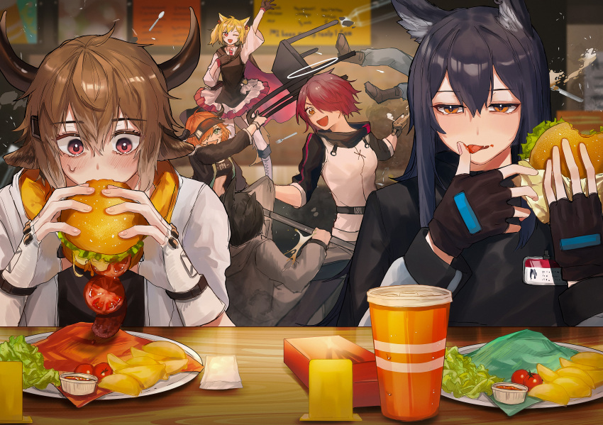 1boy 4girls animal_ears arknights arm_up bison_(arknights) black_bandeau black_dress black_gloves black_hair black_jacket black_shirt blonde_hair blush burger burger_malfunction cow_boy cow_ears cow_girl cow_horns croissant_(arknights) cup disposable_cup dress ear_piercing exusiai_(arknights) fighting fingerless_gloves food gloves green_eyes hair_between_eyes hair_over_one_eye halo highres holding holding_food horns id_card indoors jacket lettuce licking licking_finger multiple_girls necktie open_mouth orange_eyes penguin_logistics_(arknights) piercing potato_wedges red_eyes red_necktie redhead senjou_no_pentsu shirt sora_(arknights) sweatdrop texas_(arknights) tomato twintails visor_cap white_gloves white_jacket wolf_ears wolf_girl