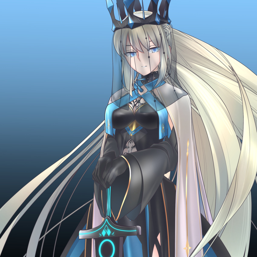 1girl black_bow black_dress black_veil bow braid center_opening clothing_cutout crown dress excalibur_morgan_(fate) fate/grand_order fate_(series) french_braid hand_on_hilt highres light_blue_eyes lipstick looking_at_viewer makeup mentaiko_mamire morgan_le_fay_(fate) platinum_blonde_hair solo standing stomach_cutout sword two-tone_dress weapon