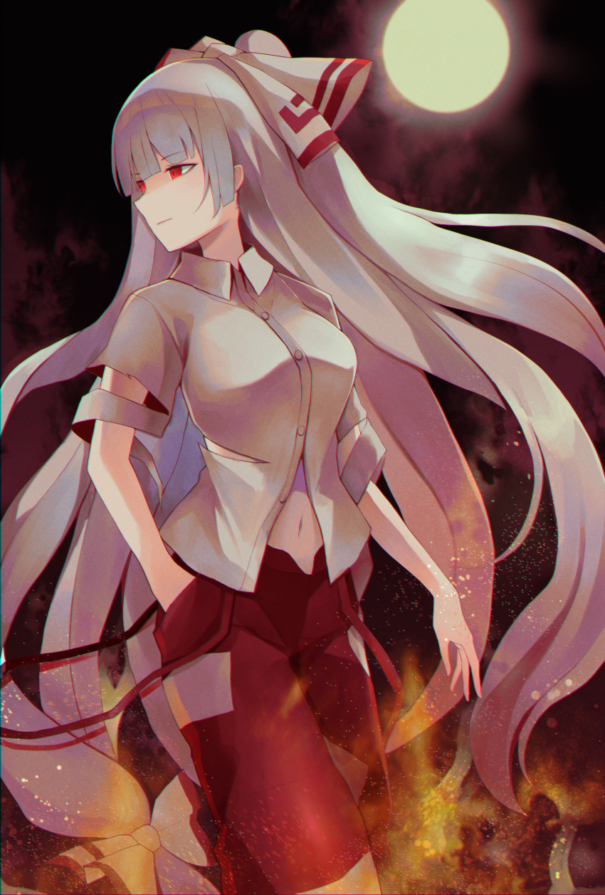 1girl absurdres bangs bow breasts buttons closed_mouth collar collared_shirt eyebrows_visible_through_hair fire fujiwara_no_mokou hair_between_eyes hair_bow hand_in_pocket highres huge_filesize koizumo long_hair looking_to_the_side medium_breasts moon multicolored_bow night night_sky pants red_bow red_eyes red_pants shirt short_hair silver_hair sky smoke solo standing touhou white_bow white_shirt white_sleeves
