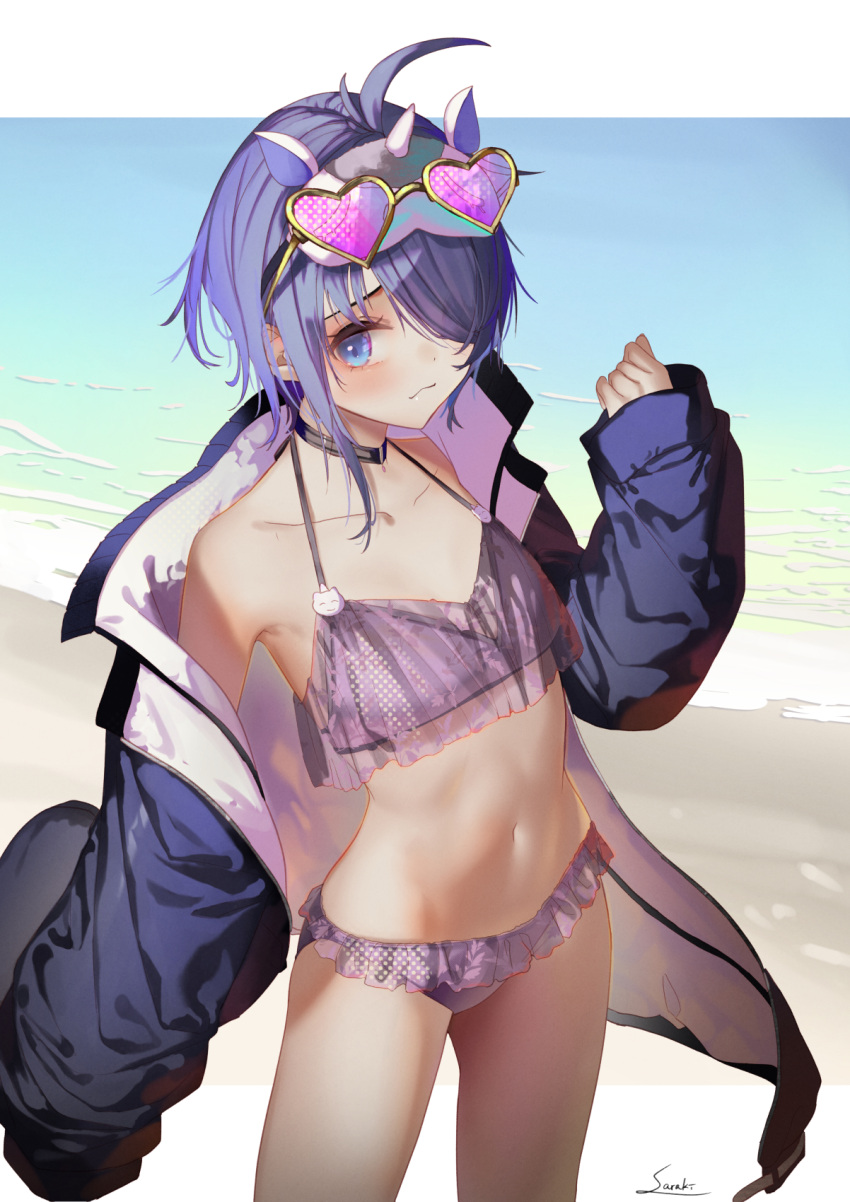 1girl ahoge animal_ears bangs bikini black_choker black_jacket blue_eyes choker collarbone commentary_request day eyebrows_behind_hair eyewear_on_head fake_animal_ears fake_horns hair_over_one_eye hand_up heart heart-shaped_eyewear highres horns indie_virtual_youtuber jacket kusumi_neneko long_sleeves looking_at_viewer mask mask_on_head navel open_clothes open_jacket pink-tinted_eyewear puffy_long_sleeves puffy_sleeves purple_bikini purple_hair saraki signature single_horn sleeves_past_fingers sleeves_past_wrists solo standing swimsuit tinted_eyewear water yellow-framed_eyewear