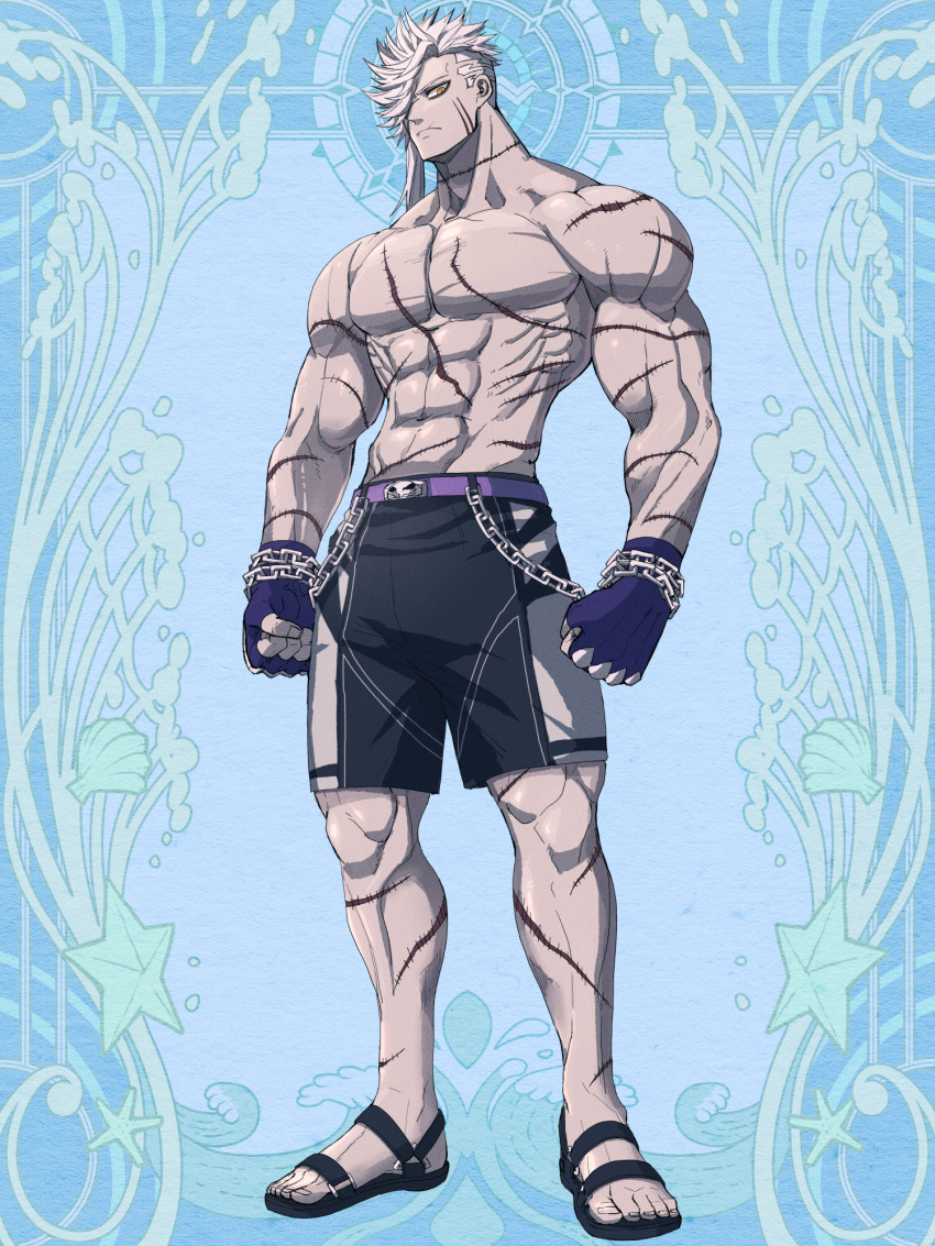 1boy abs bare_pectorals black_male_swimwear black_pants blazbluefairy chain character_request colored_skin dairoku_youhei fingerless_gloves full_body gloves grey_skin highres large_pectorals looking_at_viewer male_focus male_swimwear mature_male medium_hair muscular muscular_male navel no_nipples official_art pants pectorals purple_belt sandals scar scar_on_arm scar_on_cheek scar_on_chest scar_on_face scar_on_stomach sideburns sidecut solo spiky_hair stomach swim_trunks white_hair