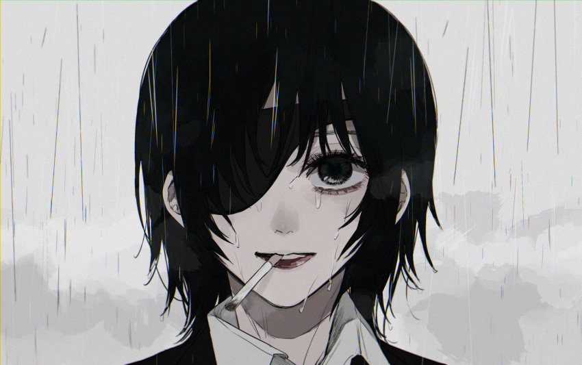 1girl bangs black_hair black_neckwear chainsaw_man cigarette collared_shirt ebanoniwa eyepatch formal grey_background highres himeno_(chainsaw_man) lips looking_at_viewer medium_hair necktie office_lady open_mouth rain shirt sidelocks simple_background smoking solo standing suit upper_body white_shirt