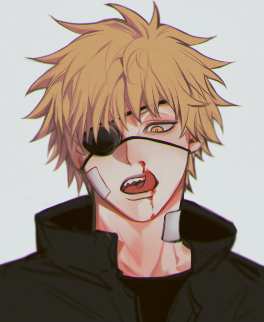 1boy blonde_hair blood chainsaw_man denji_(chainsaw_man) eyepatch grey_background highres hori_oi licking_blood looking_at_viewer male_focus nosebleed orange_eyes sharp_teeth shirt short_hair simple_background solo teeth tongue tongue_out upper_body