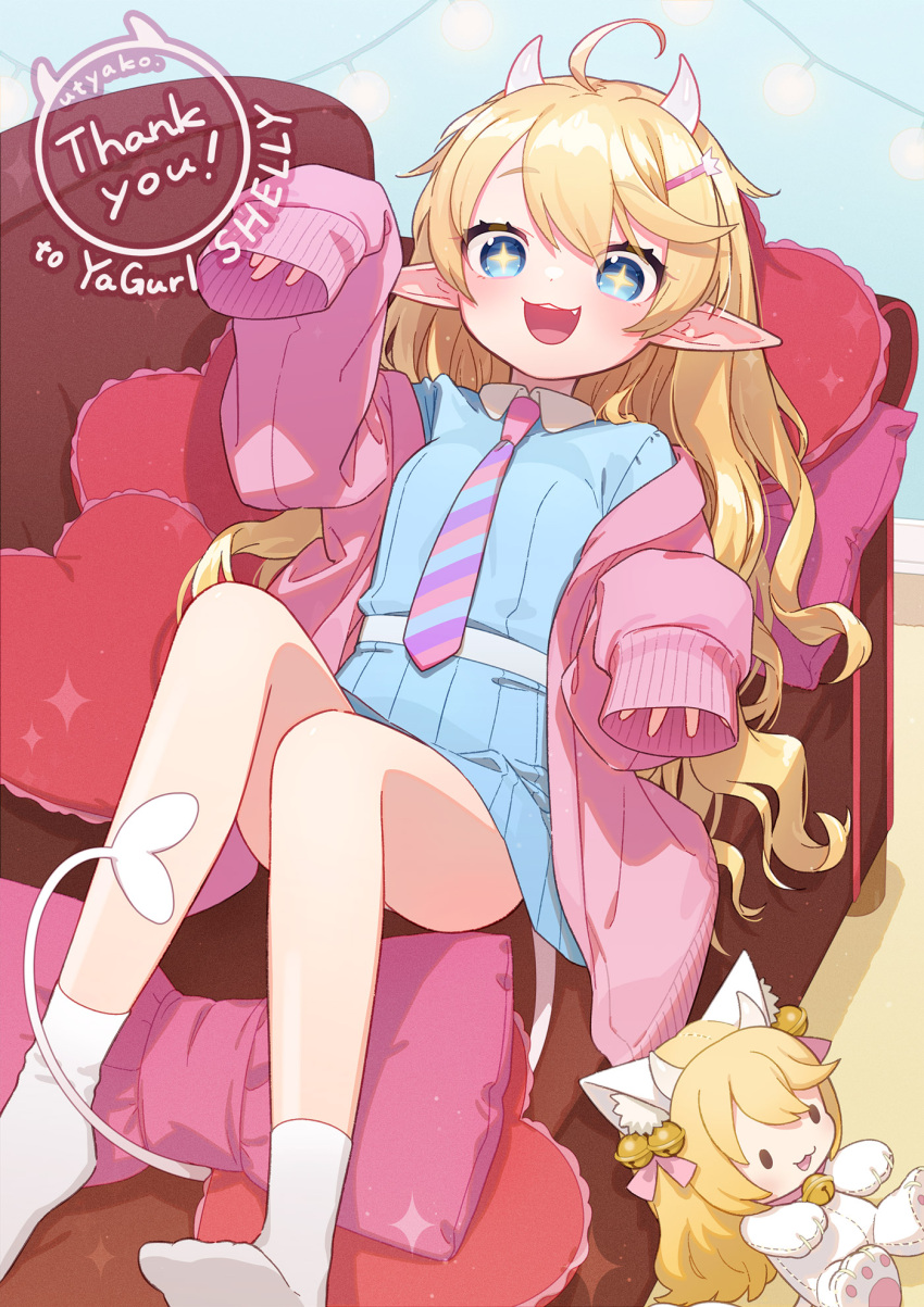 +_+ 1girl :d ahoge blonde_hair blue_eyes blue_shirt character_doll character_request commentary_request hair_ornament hairclip heart heart_pillow highres horns long_hair lying necktie on_back open_mouth pillow pink_neckwear pointy_ears shirt sleeves_past_wrists smile socks solo striped striped_neckwear tail uchako