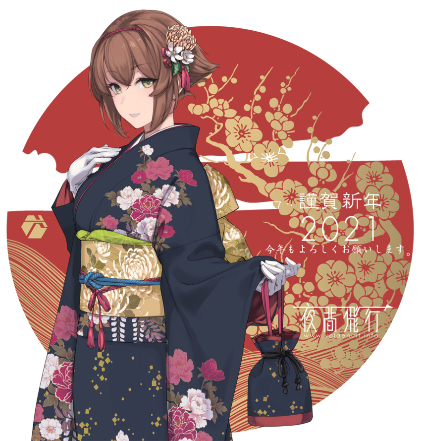 1girl 2021 bag bangs breasts brown_hair eyebrows_visible_through_hair floral_print gloves hair_ornament hand_on_own_chest highres holding holding_bag japanese_clothes kantai_collection kimono long_sleeves mutsu_(kancolle) new_year obi rokuwata_tomoe sash short_hair smile solo upper_body watermark web_address white_gloves wide_sleeves yellow_eyes