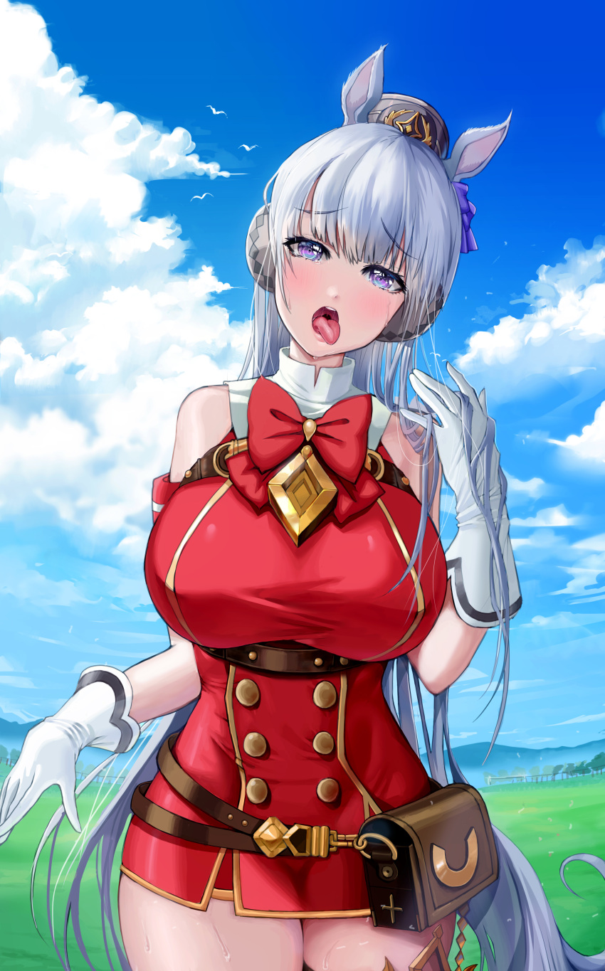 1girl absurdres animal_ears blue_sky bow breasts clouds day eyebrows_visible_through_hair gloves gold_ship_(umamusume) highres horse_ears horse_girl horse_tail kangi_nako large_breasts long_hair looking_at_viewer open_mouth outdoors red_bow saliva silver_hair sky sleeveless solo tail tongue tongue_out umamusume upper_teeth very_long_hair violet_eyes white_gloves