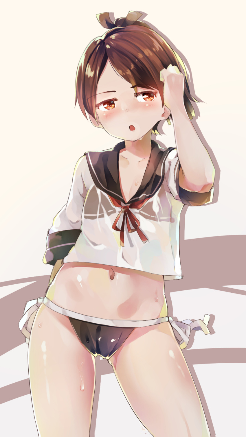 1girl bare_legs bikini bikini_under_clothes black_bikini blush brown_eyes brown_hair brown_sailor_collar collarbone cowboy_shot highres kantai_collection navel open_mouth ponytail sailor_collar school_uniform serafuku shikinami_(kancolle) short_hair short_sleeves solo swimsuit taisho_(gumiyuki)