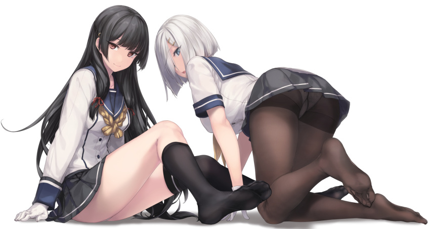 2girls all_fours arm_support ass asymmetrical_legwear black_hair black_legwear blue_eyes breasts feet gloves grey_skirt hair_over_one_eye hamakaze_(kancolle) highres isokaze_(kancolle) kantai_collection large_breasts long_hair long_sleeves looking_at_viewer medium_breasts multiple_girls no_shoes pantyhose pleated_skirt red_eyes rokuwata_tomoe sailor_collar school_uniform serafuku short_hair short_sleeves sidelocks silver_hair simple_background single_thighhigh skirt smile socks soles striped striped_skirt thigh-highs thighband_pantyhose toes uneven_legwear upper_body white_background white_gloves