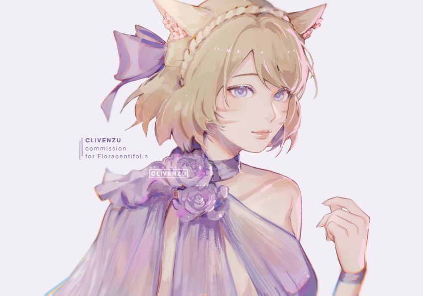 1girl animal_ears artist_name blonde_hair bow braid cat_ears clivenzu closed_mouth commission crown_braid english_text facial_mark final_fantasy final_fantasy_xiv fingernails flower hair_bow hand_up looking_at_viewer medium_hair miqo'te purple_bow purple_flower purple_rose rose simple_background smile solo upper_body violet_eyes whisker_markings white_background wristband
