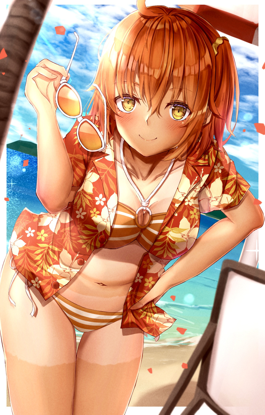 1girl absurdres bikini breasts brilliant_summer fate/grand_order fate_(series) fujimaru_ritsuka_(female) hair_ornament hair_scrunchie hawaiian_shirt highres holding holding_eyewear large_breasts navel o-ring o-ring_bikini o-ring_top official_alternate_costume one_side_up open_clothes open_shirt orange_bikini orange_eyes orange_hair orange_scrunchie ruri_rarako scrunchie shirt short_sleeves side-tie_bikini solo striped striped_bikini sunglasses swimsuit toukan