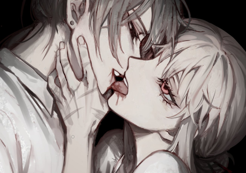 1boy 1girl black_eyes buttoniris collared_shirt earrings eye_contact french_kiss from_side grey_hair height_difference hetero jewelry kiss looking_at_another original pink_eyes scar_on_hand shirt stud_earrings tongue tongue_out two_(buttoniris) white_hair wing_collar