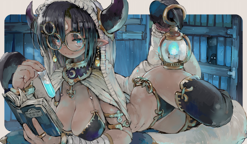 1girl ankh bikini black_bikini black_legwear blue_eyes book breasts bright_pupils closed_mouth earrings ebimomo fang fang_out forehead_jewel glasses highres holding holding_book hood hood_up horns horns_through_headwear jewelry lantern large_breasts looking_at_viewer lying on_stomach open_book original pointy_ears prehensile_wings round_eyewear smile solo swimsuit thigh-highs vial