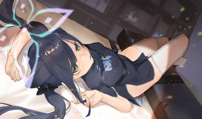 1girl animal_ears bangs black_hair blue_archive blush breasts china_dress chinese_clothes dress green_eyes halo highres long_hair looking_at_viewer lying nuda on_back shun_(blue_archive) smile solo thigh-highs twintails white_legwear younger