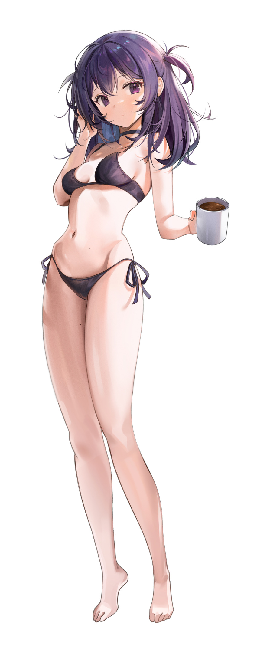 1girl absurdres bare_arms bare_shoulders barefoot black_bra black_choker black_panties bra breasts choker closed_mouth coffee_mug cup expressionless hand_up harusame_(user_wawj5773) highres holding long_legs looking_at_viewer medium_breasts medium_hair mole mole_on_stomach mole_on_thigh mug navel one_side_up original panties purple_hair side-tie_panties simple_background solo stomach string_bra string_panties thighs underwear underwear_only violet_eyes white_background