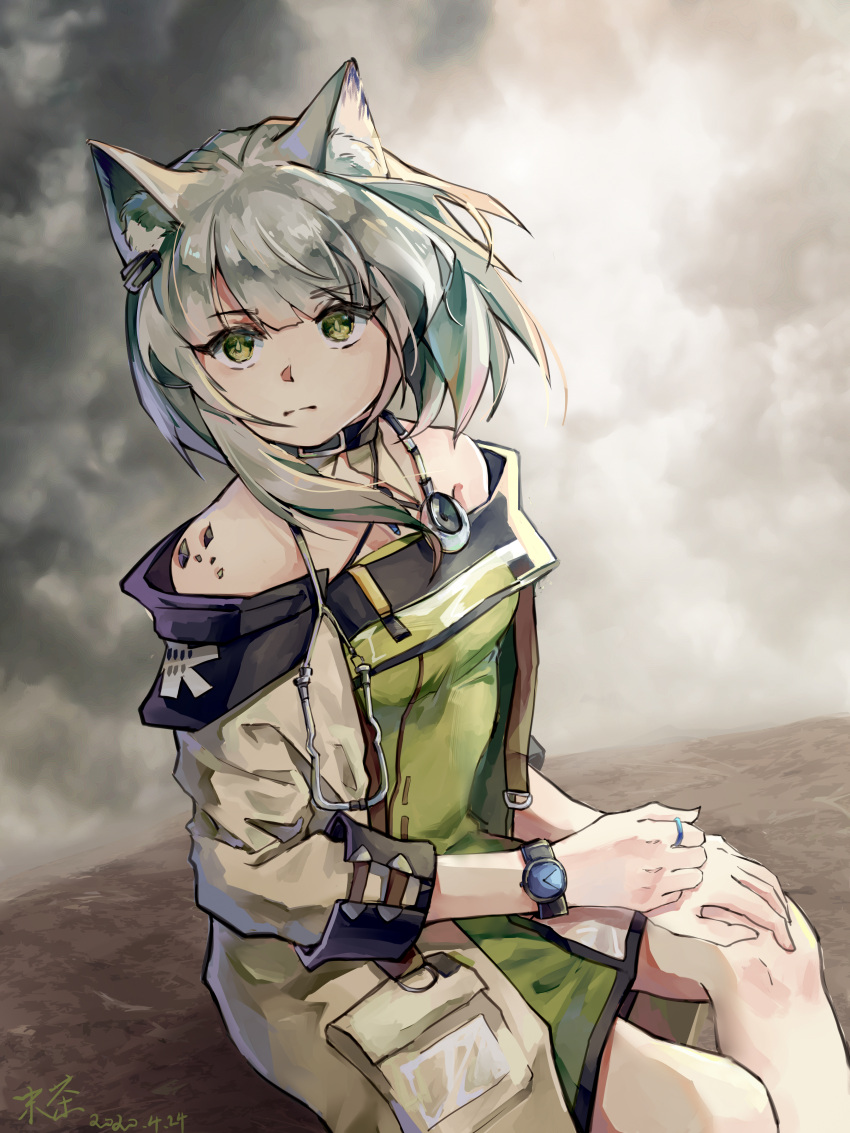 1girl absurdres animal_ear_fluff animal_ears arknights artist_name bangs bare_shoulders cat_ears closed_mouth coat collared_shirt commentary dated dress dust_cloud eyebrows_visible_through_hair feet_out_of_frame green_dress green_eyes green_hair green_pupils hands_on_lap highres huge_filesize jewelry kal'tsit_(arknights) looking_at_viewer medium_hair mocha033 off-shoulder_dress off_shoulder open_clothes open_coat oripathy_lesion_(arknights) ring shirt sitting sleeves_folded_up solo stethoscope watch watch white_coat