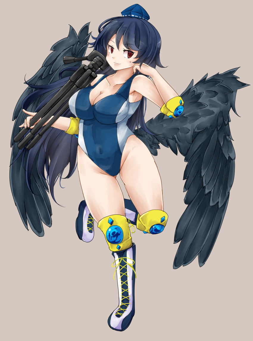 1girl absurdres armpit_peek armpits ass_visible_through_thighs beige_background bird_wings black_wings blue_hair blue_leotard boots breasts competition_swimsuit covered_navel cross-laced_footwear elbow_pads feathered_wings gem hat highres holding_tripod iizunamaru_megumu jyaoh0731 knee_guards knee_pads large_breasts leotard long_hair navel one-piece_swimsuit pointy_ears red_eyes simple_background smile solo swimsuit tokin_hat touhou tripod wings