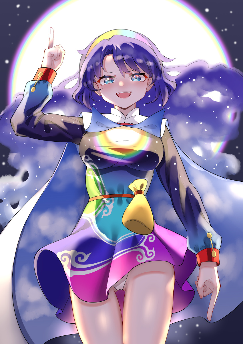 absurdres adapted_costume ailu_elf bag blue_eyes blue_hair cape dress highres moon multicolored multicolored_clothes multicolored_dress multicolored_hairband night night_sky panties pantyshot pointing pointing_down pointing_up rainbow_gradient rainbow_print sky sky_print starry_sky_print tenkyuu_chimata touhou two-sided_cape two-sided_fabric underwear white_panties