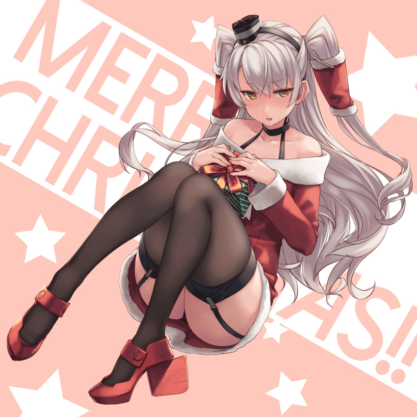 1girl amatsukaze_(kancolle) box christmas collarbone dress fur-trimmed_dress fur_trim garter_straps gift gift_box hair_tubes highres kantai_collection long_hair merry_christmas off_shoulder red_dress rokuwata_tomoe short_dress silver_hair thigh-highs thighs two_side_up windsock yellow_eyes