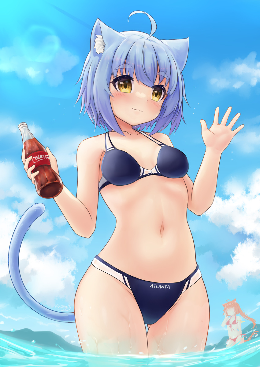 2girls absurdres ahoge animal_ear_fluff animal_ears atlanta_(warship_girls_r) bikini blue_bikini blue_hair blue_sky bottle brand_name_imitation breasts cat_ears cat_tail clouds day highres holding holding_bottle multiple_girls navel outdoors short_hair sky small_breasts solo_focus standing swimsuit tail wading warship_girls_r william.b yellow_eyes