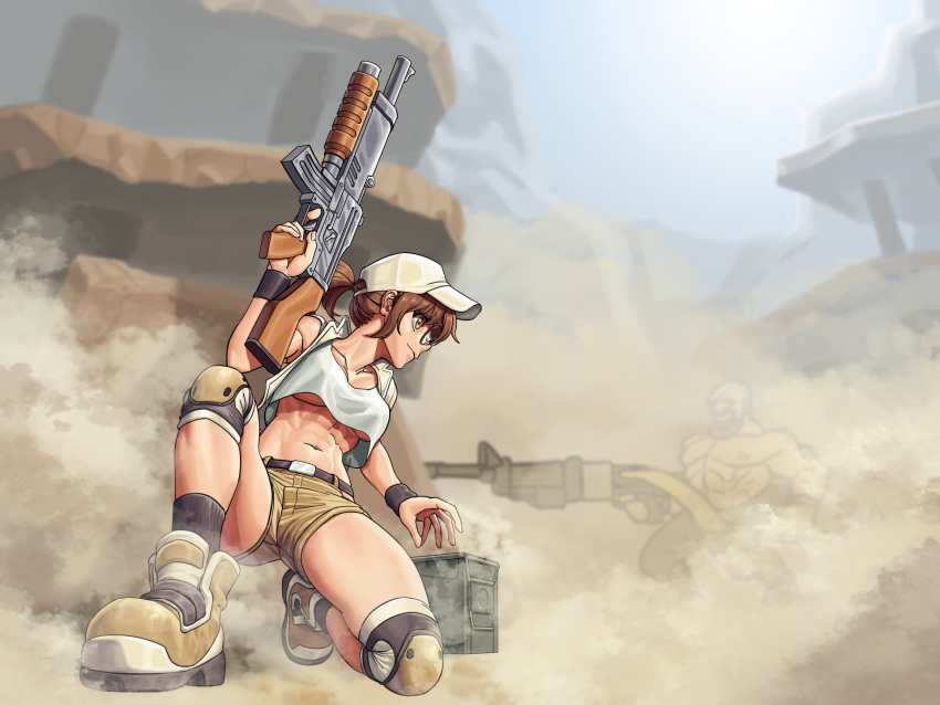 1boy 1girl abs ammunition_box ankle_boots assault_rifle battle boots breasts brown_hair character_request crop_top crop_top_overhang dust_cloud finger_on_trigger fio_germi glasses grenade_launcher gun heavy_machine_gun hiding highres holding holding_gun holding_weapon knee_pads light_brown_eyes lyoung0j machine_gun making-of_available medium_breasts metal_slug muscular muscular_male one_knee rifle round_eyewear rubble short_hair short_ponytail short_shorts shorts socks solo_focus thighs toned under_boob underbarrel_grenade_launcher weapon wristband