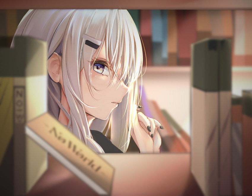 1girl book bookshelf hair_ornament hair_over_one_eye highres library long_hair noir_(noworld) noworld qiyuan_yingluo solo virtual_youtuber white_hair