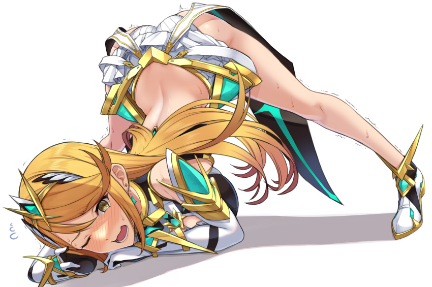 1girl ass back bangs bare_shoulders blonde_hair breasts dress earrings elbow_gloves flexible gloves highres jack-o'_challenge jewelry large_breasts legs mythra_(xenoblade) one_eye_closed open_mouth short_dress split spread_legs swept_bangs tiara top-down_bottom-up trembling white_dress white_footwear white_gloves xenoblade_chronicles_(series) xenoblade_chronicles_2 yellow_eyes yuuki_shin