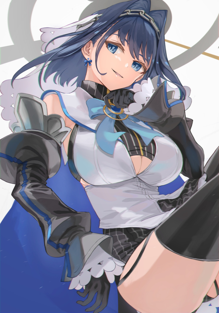 1girl bangs black_legwear blue_bow blue_eyes blue_hair blue_neckwear bow bow_earrings bowtie breasts clothing_cutout commentary dai00888 detached_sleeves earrings eyebrows_visible_through_hair head_chain highres hololive hololive_english jewelry large_breasts looking_at_viewer ouro_kronii short_hair smile solo thigh-highs underboob_cutout virtual_youtuber