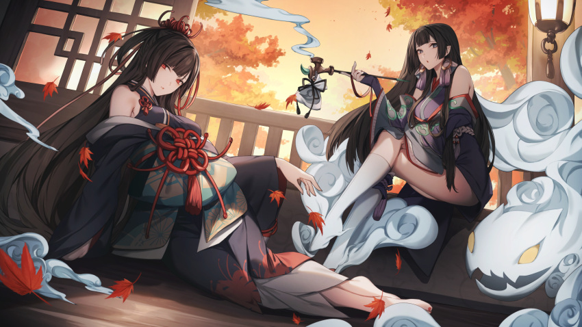 2girls autumn_leaves barefoot black_kimono brown_hair closed_mouth copyright_request crossed_legs day earrings en'enra flower genyaky grey_eyes hair_flower hair_ornament hand_up highres holding holding_pipe indoors japanese_clothes jewelry kimono kiseru leaf legs_together long_hair long_sleeves looking_at_viewer maple_leaf monster multiple_girls nail_polish obi off_shoulder orange_sky parted_lips pipe pointy_ears porch red_flower sash sitting sky smoke socks spider_lily tassel tassel_earrings toenail_polish toenails white_legwear yokozuwari