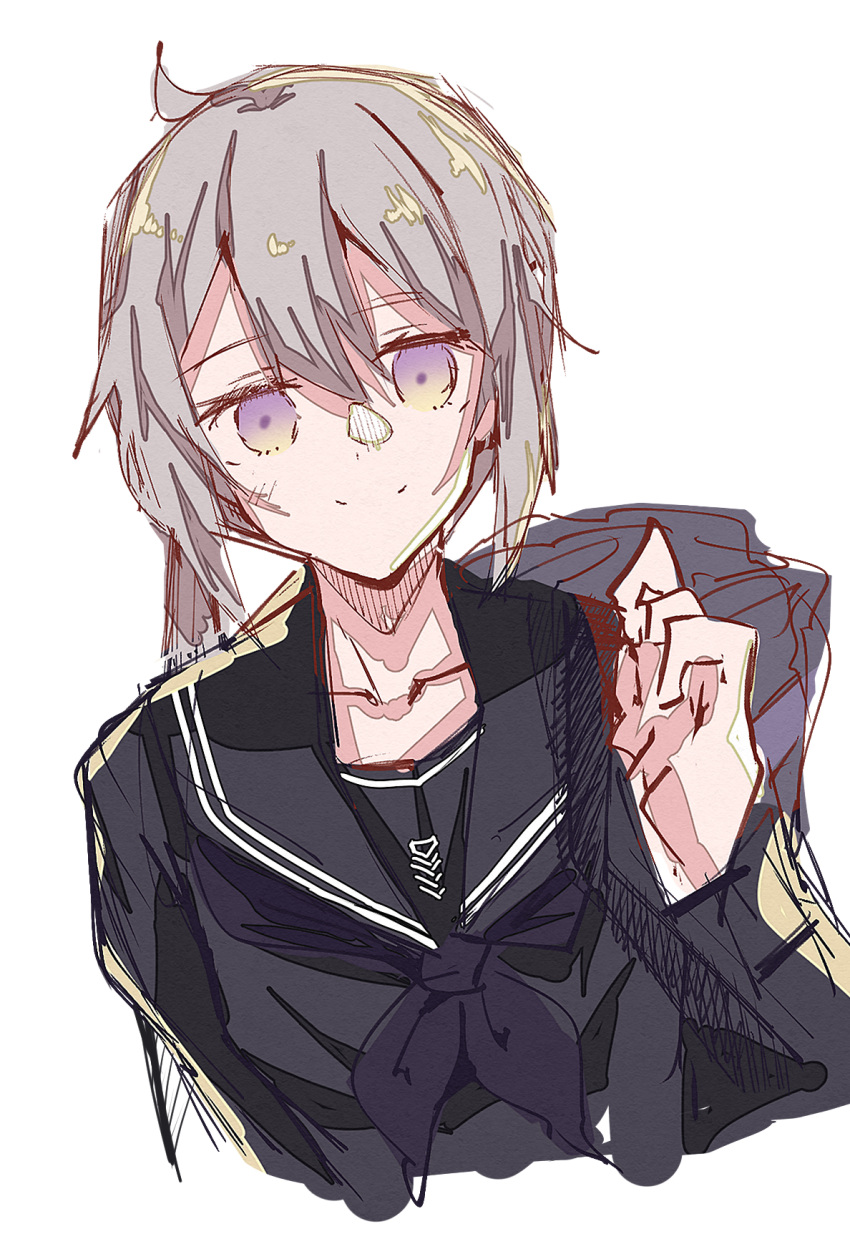 1girl ahoge black_sailor_collar black_serafuku black_shirt closed_mouth e_sky_rugo girls_frontline grey_hair hair_between_eyes head_tilt highres holding holding_clothes holding_jacket jacket jacket_over_shoulder long_hair long_sleeves looking_at_viewer m200_(girls_frontline) neckerchief ponytail purple_neckwear sailor_collar school_uniform serafuku shirt sketch smile solo upper_body violet_eyes