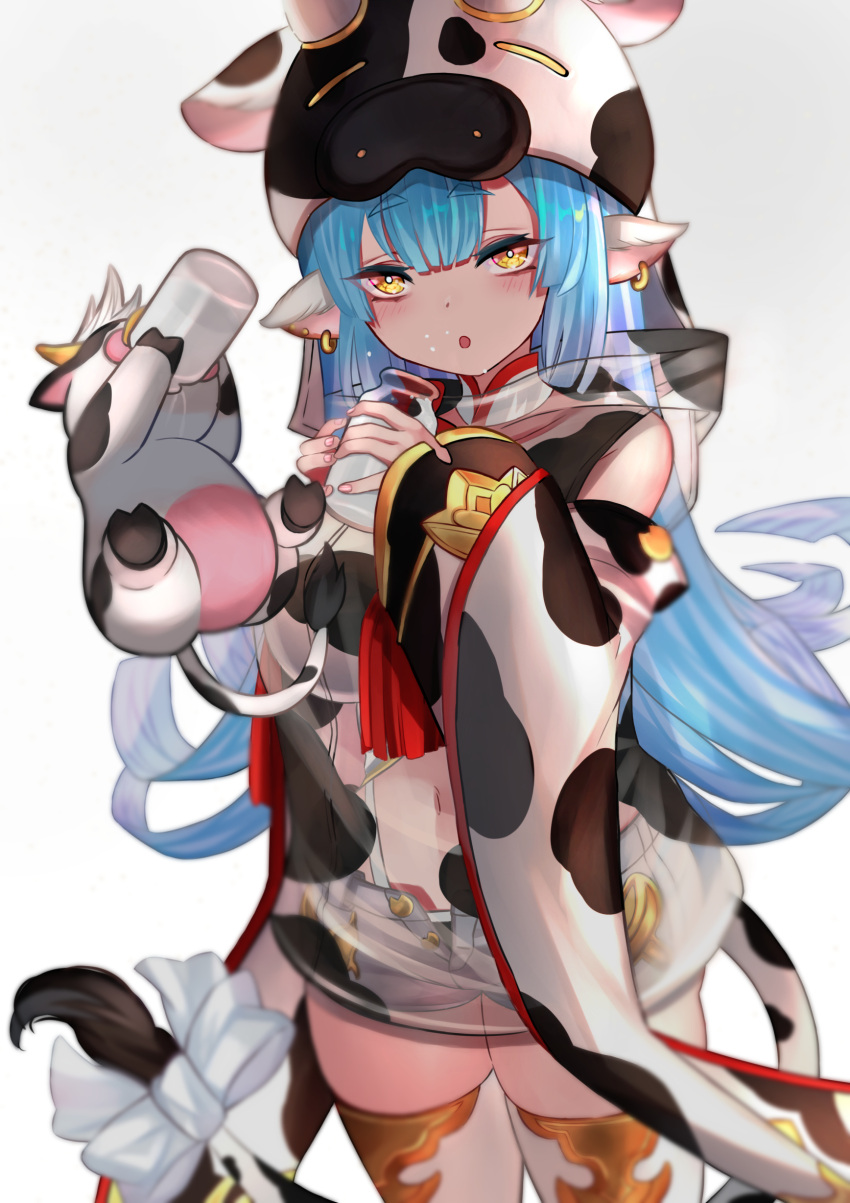 1girl absurdres animal_ears animal_print blue_hair bottle bow cow_ears cow_print drink earrings granblue_fantasy haku_u_0818 highres holding holding_drink jewelry long_hair looking_at_viewer milk milk_bottle navel open_mouth shatola_(granblue_fantasy) standing tail tail_bow tail_ornament yellow_eyes