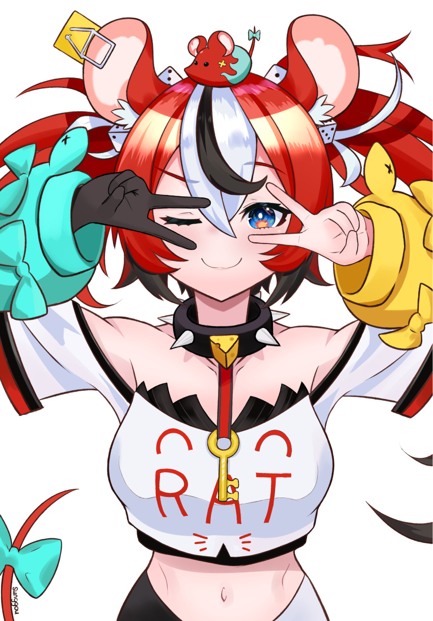1girl ;) absurdres animal_ears animal_on_shoulder bangs bare_shoulders blue_eyes bow collar collarbone double_v eyebrows_visible_through_hair hair_between_eyes hakos_baelz highres hololive hololive_english key long_hair long_sleeves looking_at_viewer midriff mouse mouse_ears mouse_girl mouse_tail multicolored_hair navel off-shoulder_shirt off_shoulder one_eye_closed redhead ribbon shirt short_sleeves sidelocks simple_background smile spiked_collar spikes streaked_hair sunggou tail tail_bow tail_ornament tail_ribbon twintails v virtual_youtuber white_background