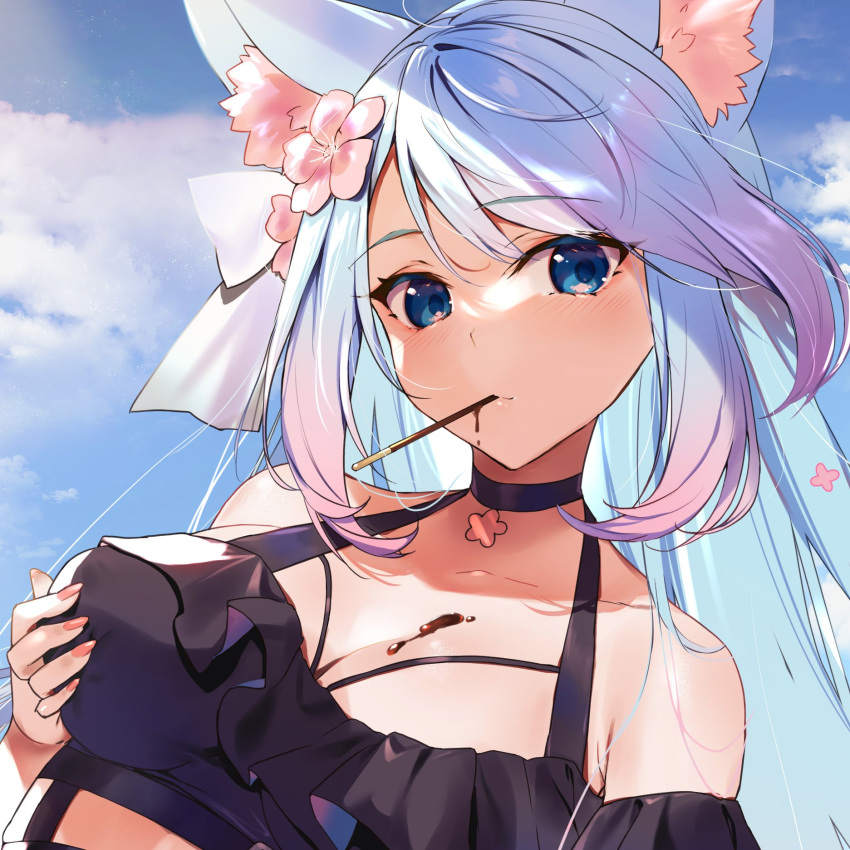 1girl ahoge animal_ear_fluff animal_ears bangs bare_shoulders bikini black_bikini black_choker blue_eyes blue_hair blue_sky blush breast_lift breasts chocolate_on_breasts choker clouds commentary_request commission day eyebrows_visible_through_hair flower food food_in_mouth gradient_hair hair_flower hair_ornament halter_top halterneck highres kasumi_komo large_breasts long_hair looking_at_viewer mouth_hold multicolored_hair nail_polish pink_flower pink_hair pink_nails pocky silvervale skeb_commission sky solo swimsuit upper_body virtual_youtuber vshojo wolf_ears wolf_girl